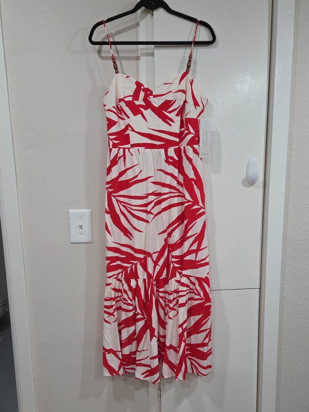 Adrianna Papell Red and White Tropical-Print Midi Dress